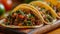 Three tacos with meat and vegetables on a wooden cutting board, AI