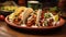 Three tacos on a plate on a table