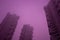 Three tall residential buildings immersed in misty violet sky. Cyberpunk stylistics
