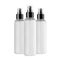 Three tall transparent spray dispenser bottles for cosmetics with liquid, isolated, mock up for branding,  presentation, design.