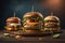 Three tasty cheeseburgers on wooden board over dark background. generative ai
