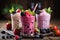 Three tasty fresh milk shakes with berries and mint on wooden table. Generated by artificial intelligence