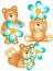 Three teddy bears with blue flower