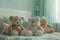 Three teddy bears rest on a plush bed in a cozy room