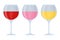 Three thin glasses with wine, white, red, pink