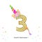 Three. Third birthday. Colorful unicorn birthday invitation. Baby shower, party invitation greeting card