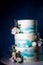 Three-tier cake, white with blue spots, decorated with flowers, on a blue background