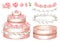 Three-tier cake with white cream and rose flowers Set of elements for decorating cake. Watercolor hand-drawn illustration for menu