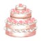 Three-tier cake with white cream and rose flowers Watercolor illustrations for menu and packaging design, window dressing,