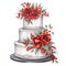 A three tiered cake with red flowers on top. Generative AI image.