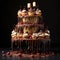 Three-Tiered Cake Stand with Cupcakes and Drizzling Chocolate