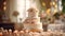 Three-tiered pink and white wedding cake decorated with rose flowers on table on party restaurant background. Wedding baked sweet