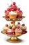 A three tiered tray with cupcakes and cherries. AI generative image. Lambeth, style, retro cake