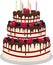 Three-tiered wedding or birthday cake in chocolate, decorated with paspberries and blueberries isolated on a white