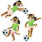 Three tiger girls as the footballers in uniform in dynamic poses with the soccer ball