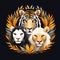 three tigers and a lion in a wreath on a black background