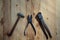 Three tools on a wooden background