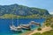 Three tourist boats moored at island