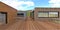 Three townhouses with a shared terrace with wooden decking. Glass panel railing. Very convenient organization of living space. 3d