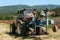 Three tractors plowing a field