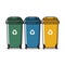 Three trash cans with recycleable symbols on them. Generative AI image.