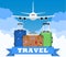 Three Travel bag with clouds and plane