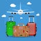 Three Travel bag with clouds and plane