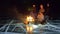 Three travelers by fire right on ice at night. Campground on ice. Tent stands next to fire. Lake Baikal. Nearby there is