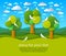 Three trees with birds in the field scenic nature landscape cartoon modern style paper cut vector