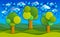 Three trees under rain in the field scenic nature landscape cartoon modern style paper cut vector