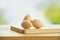 Three turkey egg on kitchen board on window background.