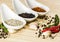 Three type of spices and herb on the cup on wood background,sele