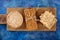 Three types of diet bread. Round buckwheat crispbread, wheat crispbread and crispbread with sunflowe on wooden vintage cutting