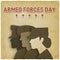 Three uniformed soldiers on vintage background. Armed forces day card