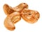 Three unshelled roasted cashew nuts on white