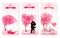 Three valentine`s day banners with pink trees and hearts.