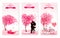 Three valentine`s day banners with pink trees and hearts. Vector