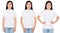 Three variants korean woman in white T-shirt for the designer isolated, chinese girl t shirt