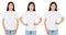 Three variants korean woman in white T-shirt for the designer isolated, chinese girl t shirt