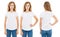 Three variants woman in t-shirt isolated on white, women tshirt, girl white t shirt,copy space,blank,front back views