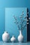 Three vases with flowers on a blue wall, AI