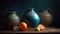 three vases and an orange sit on a wooden table