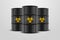 Three Vector 3d Realistic Black Simple Glossy Enamel Metal Oil, Fuel, Gasoline Barrels with Yellow Biohazard Sign