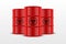 Three Vector 3d Realistic Red Simple Glossy Enamel Metal Oil, Fuel, Gasoline Barrels with Black Biohazard Sign Isolated