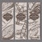Three vertical banners with fish, shrimps, lobster, oysters vintage sketches.