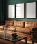 Three vertical wooden frame mockup in dark green home interior with brown leather sofa and decor