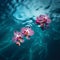 Three vibrant purple orchids gracefully float atop calm surface of body of water.