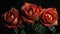Three vibrant red roses with dew drops glistening on the petals. Generative ai