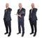 Three views of a mature businessman in full length in different poses, Talking on Cell Phone and writing in folder, isolated on