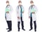 Three views of a mature doctor holding a patients file wearing a lab coat, surgical scrubs, and mask in different poses, isolated